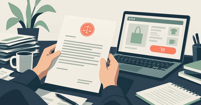 A small business owner reviewing a legal letter next to a laptop showing their website