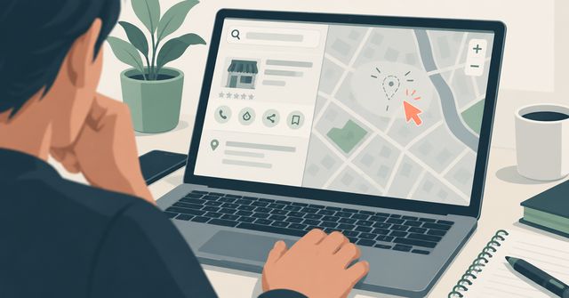 An illustration of a small business owner looking at a laptop showing an empty Google Maps search result where their business listing used to appear, represented by a disappeared map pin