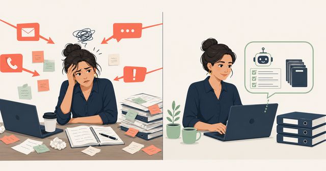 An illustastration of a manager being constantly interrupted, then able to focus with the help of a chatbot