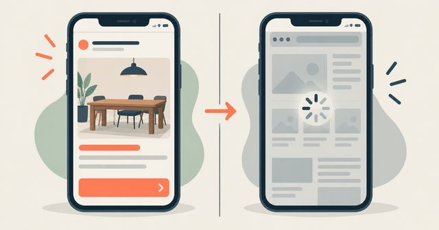 Split screen illustration showing an ad on a phone next to a slow-loading website landing page