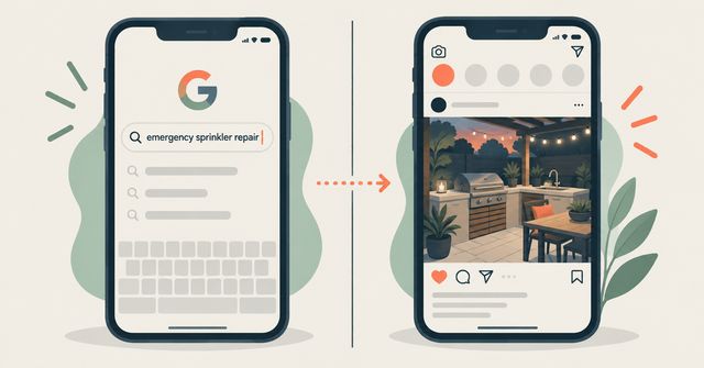 Split-screen graphic showing a Google search page next to a social media feed, representing the choice between search ads and social ads