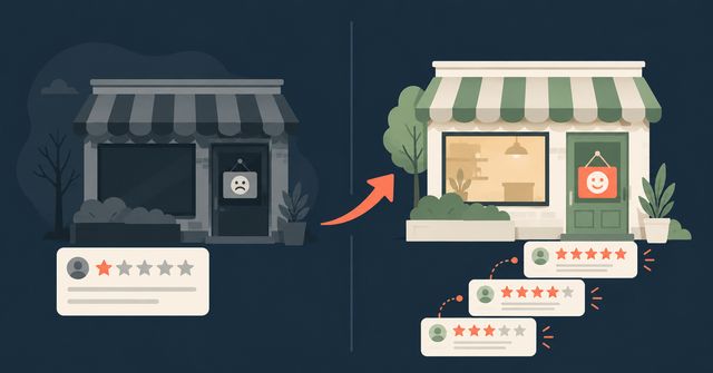 An illustration comparing, side-by-side, a local business with low reviews and low presence, versus one with high reviews and high Google Map Pack presence