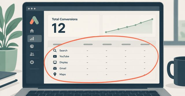 An illustration of a small business owner reviewing a Google Ads dashboard showing a single conversion total with no channel breakdown