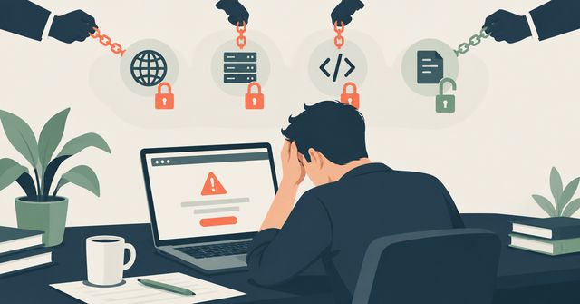 An illustration of a small business owner troubleshooting website problems, trying to figure out who owns each part