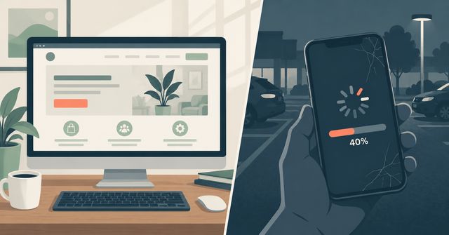 An illustration of smartphone showing a loading spinner next to a desktop screen showing the same small business website website fully loaded