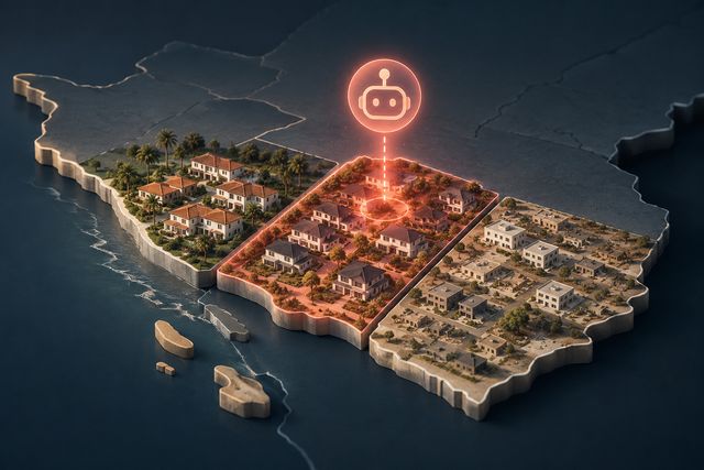 An illustrated representative map of San Diego County neighborhoods overlaid with search and AI recommendation icons