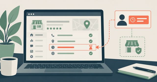 An illustration of a business owner checking their Google Business Profile dashboard for unauthorized changes to hours and contact information