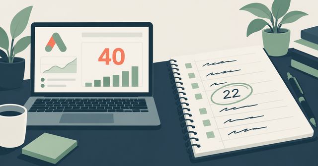 An illustration of a business owner comparing a Google Ads dashboard conversion count against a phone call log