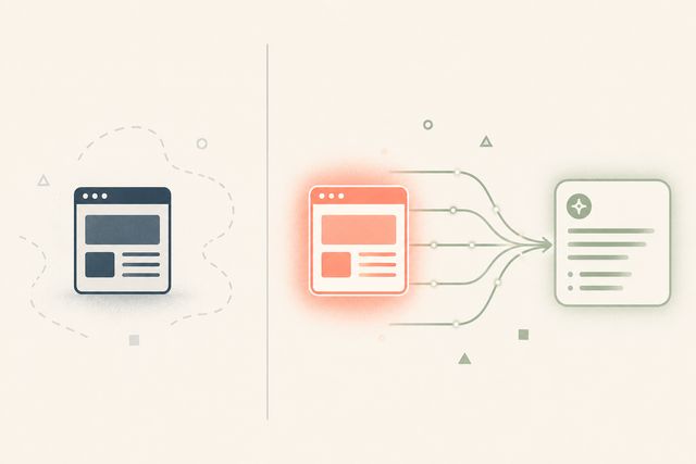 An illustration comparing a side-by-side of traffic going around a web page, then depicting that same page optimized and appearing in AI Overviews