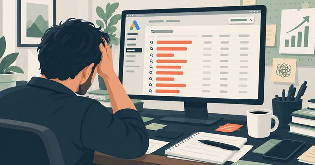 An illustration of a small business owner reviewing a Google Ads search terms report on a desktop