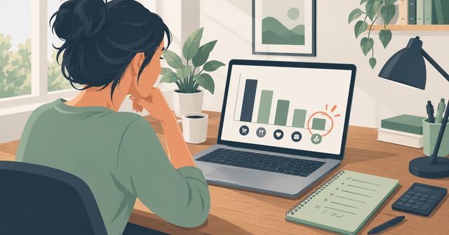 An illustration of a small business owner reviewing cost per click across industries at a desk