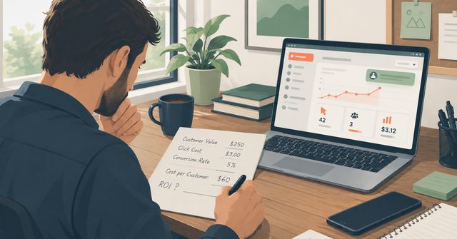 An illustration of a small business owner reviewing a budget worksheet next to a laptop showing an ad campaign dashboard