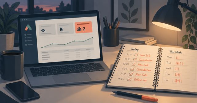 An illustration of business owner comparing a laptop showing an ad platform dashboard against a paper ledger of actual sales