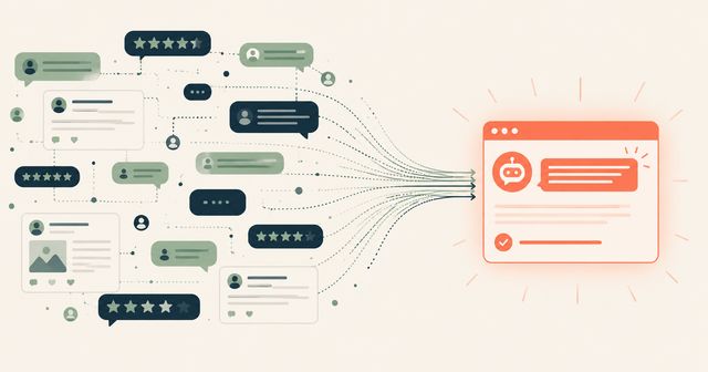 An illustration of a phone screen showing forum mentions, reviews, and cross-platform presence feeding into AI suggestion for small businesses